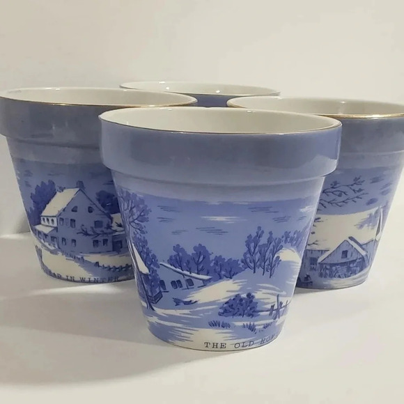 VTG Set  Of 4 Currier and Ives Mini Plant Pots Farm Scenes,Blue. - Picture 2 of 12